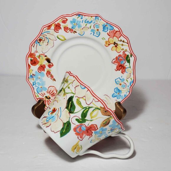 222 Fifth Teacup and Saucer Orange and Blue Flowers - Picture 4 of 7